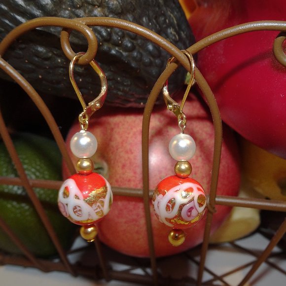 Handmade drop-style Murano earrings in Mediterranean orange with lampwork - Picture 6 of 10